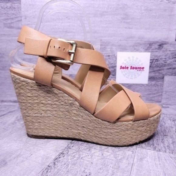 Michael Kors Celia Wedge Leather Cross Strap Sandal Luggage Brown Women's 9.5 - Picture 1 of 8